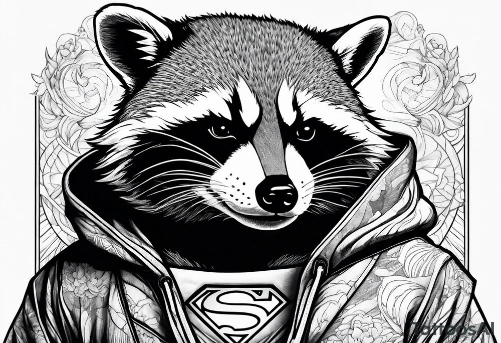 raccoon wearing a Superman hoodie tattoo idea