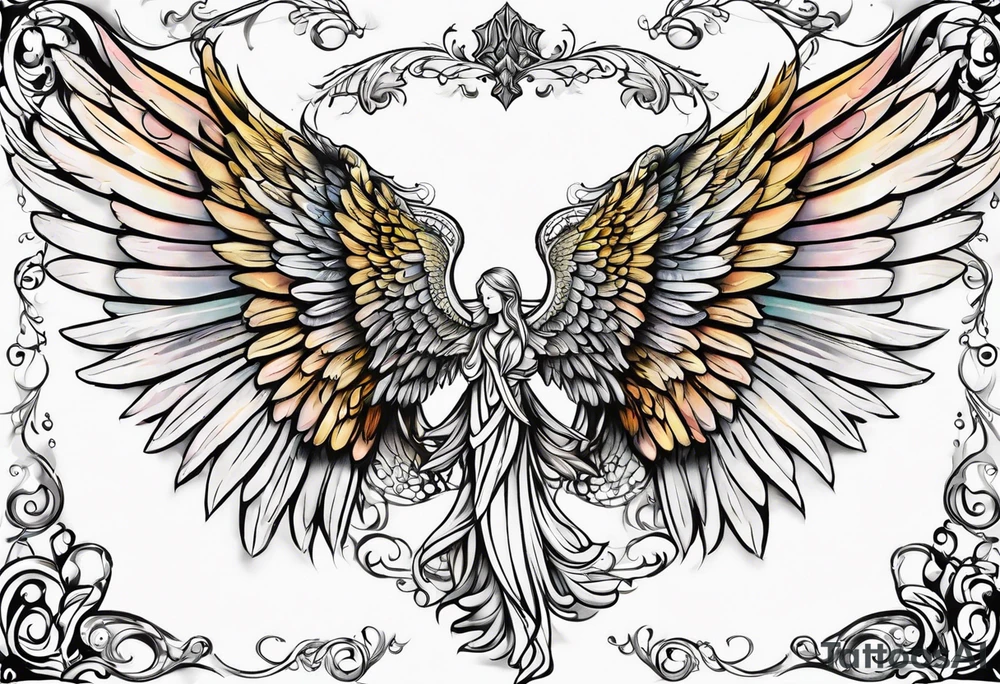 beautiful angel wings. with flilgree in the background tattoo idea