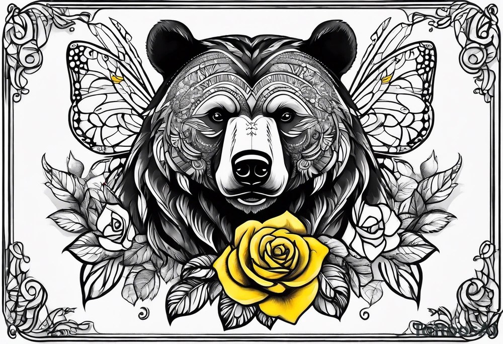A tribal bear above the butterfly and yellow rose tattoo idea