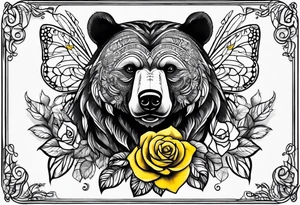 A tribal bear above the butterfly and yellow rose tattoo idea