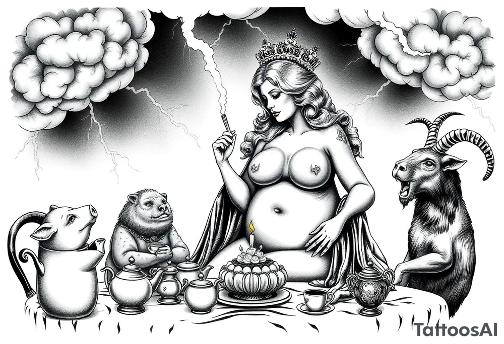 Storm lightening clouds gothic sexy naked fat lady having a tea party with tea pots and 
with a pig, peacock, noose, lion, goat, smoking cigerettes looking in the mirror having sex with a man eating a cake thru storm clouds with razor blades and broken hearts and darkness and wrath, envy , gluttony, greed, sloth, pride kill tattoo idea