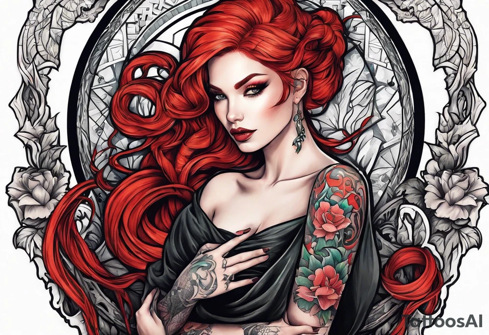 Lilith with red hair and serpent tattoo idea