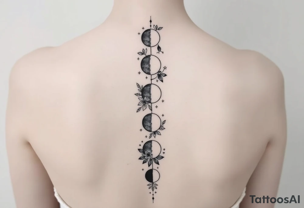 new moon, waxing crescent, first quarter, waxing gibbous, full moon, waning gibbous, last quarter, and waning crescent going down the spine vertically each represent different phases of the moon individually with flowers and vines and stars around it going up and down the sides tattoo idea