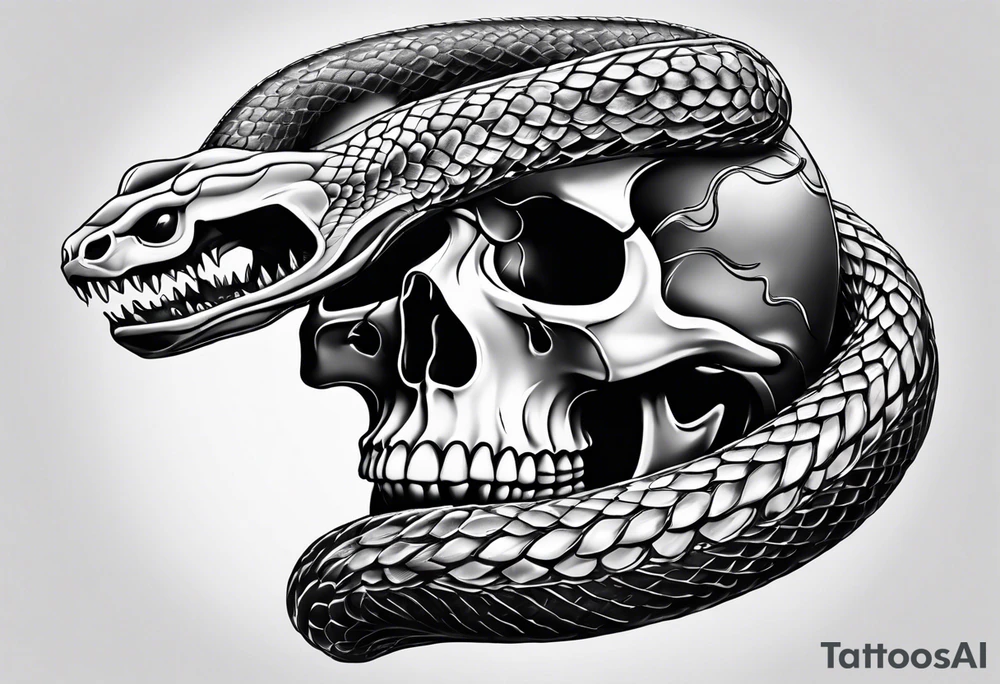 Snake intertwined into a realistic skull tattoo idea