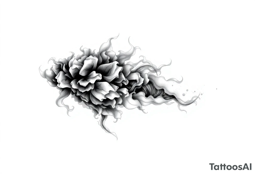 Tattoo sleeve filler using smoke, ash, and fragmented memory effects, organic flow wrapping around arm muscles, soft gradients, negative space, black and grey realism, seamless transitions between main tattoo elements. tattoo idea