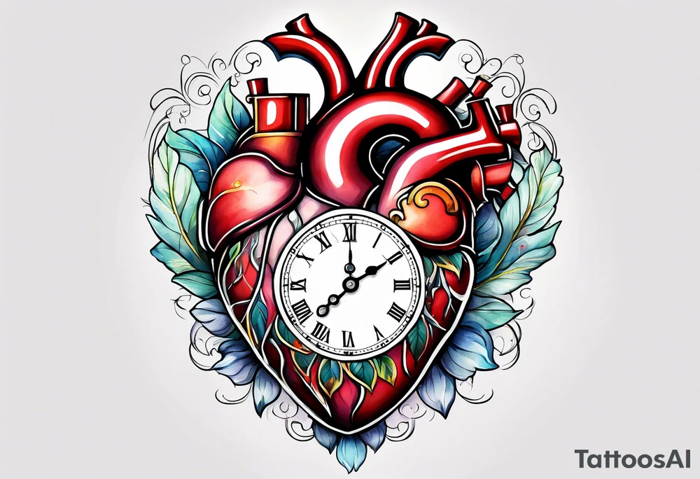 Anatomical heart with clock tattoo idea