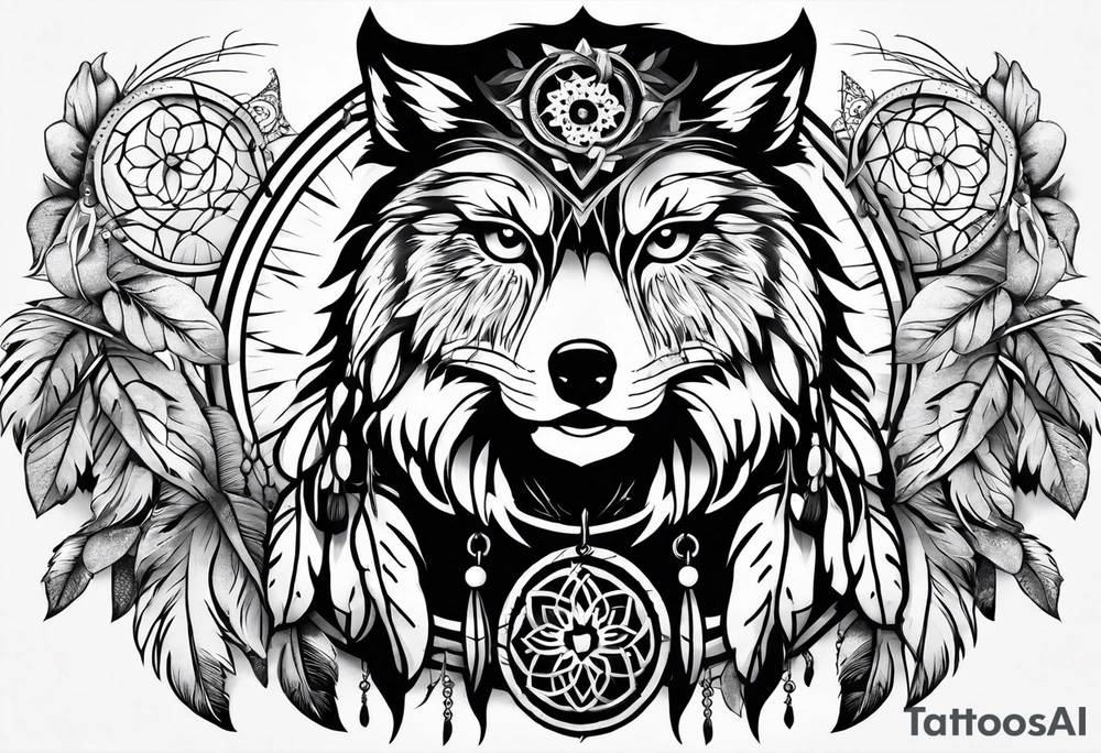 full sleeve with owl, wolf, beaver, and dream catcher tattoo idea
