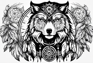 full sleeve with owl, wolf, beaver, and dream catcher tattoo idea