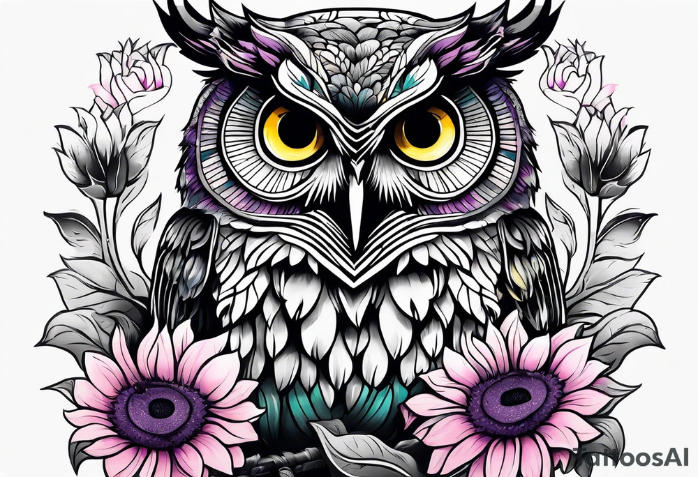 Half arm sleeve black and white owl shaded teal, pink and purple surrounded by yellow sunflowers tattoo idea