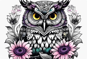 Half arm sleeve black and white owl shaded teal, pink and purple surrounded by yellow sunflowers tattoo idea