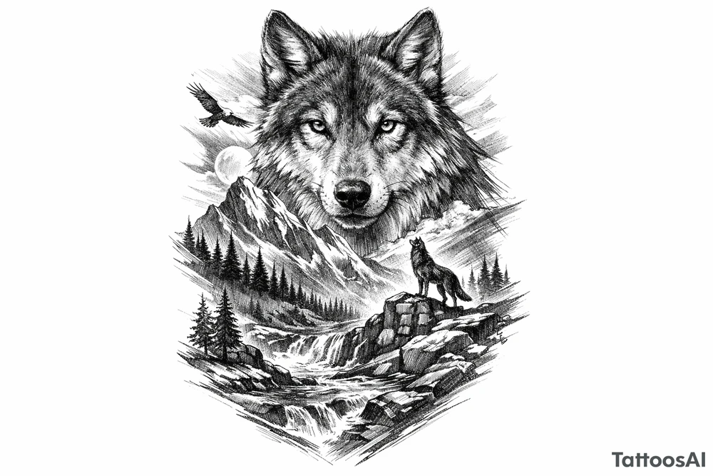 a wolf, landscape tattoo idea