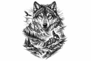 a wolf, landscape tattoo idea