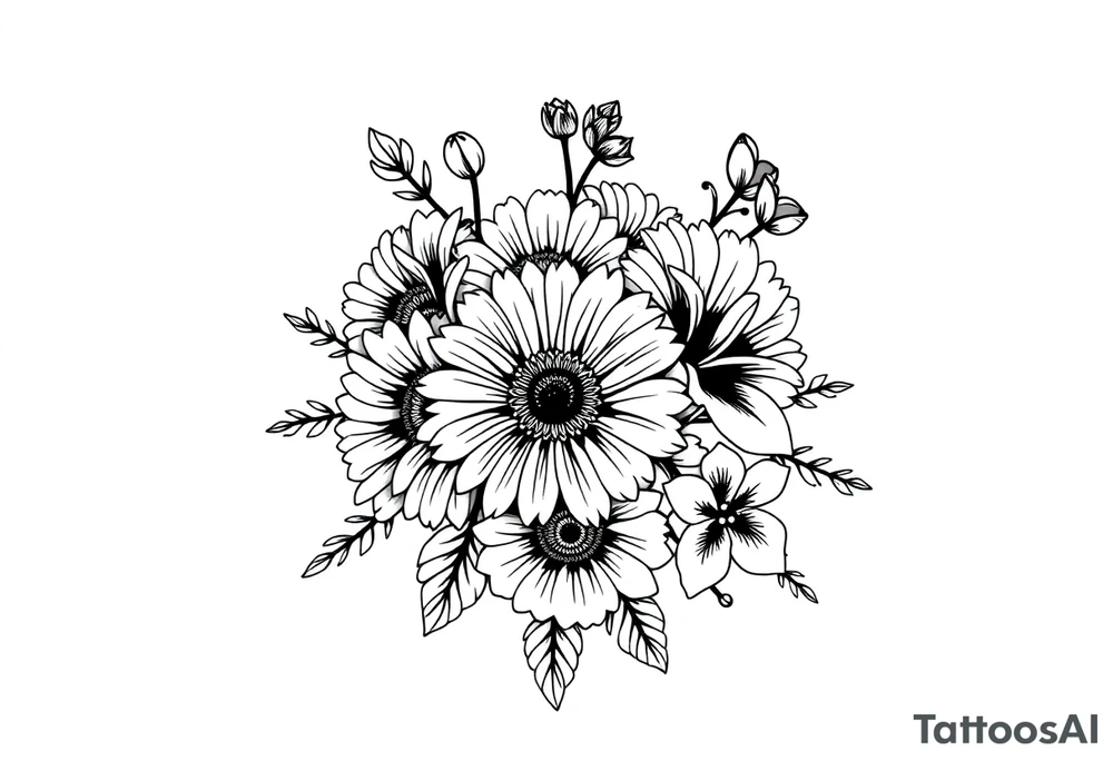 Honeysuckle, marigold, chrysanthemum, and violet bouquet tattoo idea