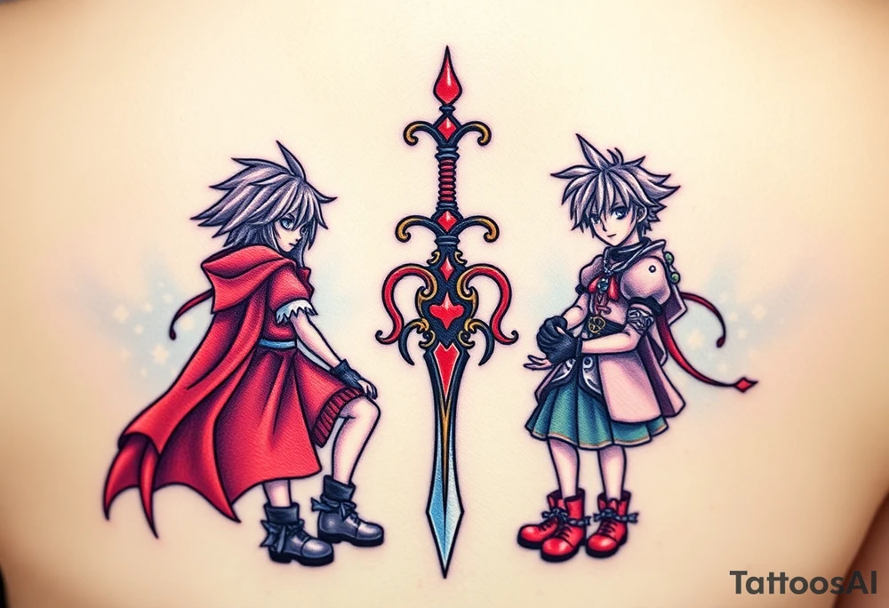 Kingdom Hearts tattoo design featuring from the game, together in a dynamic, united pose. The centerpiece should include the Heartless Keyblade, with a beautiful and ethereal Kingdom Hearts-inspired background—think glowing stars, floating islands, and stained-glass elements in backroung. The design should capture themes of friendship, light vs. darkness, and adventure. Style should be detailed, fantasy-oriented, and suitable for a large piece tattoo idea