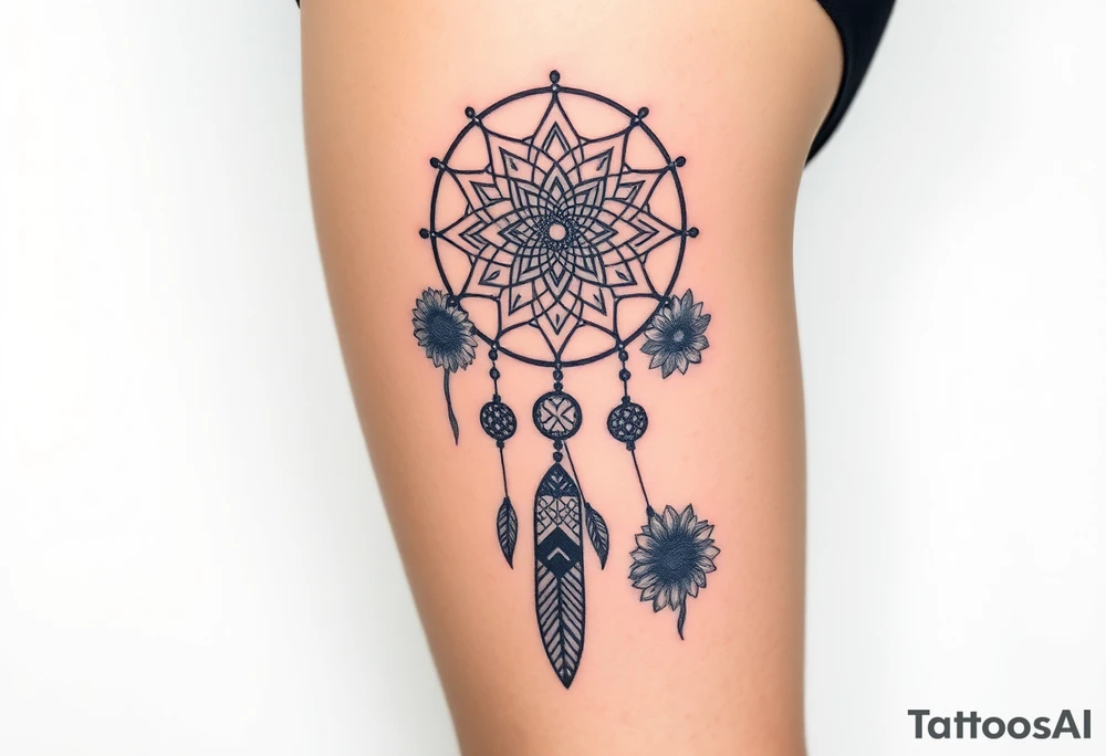 Dreamcatcher with zodiac symbols and protection runes caught in it with tigerlillies roses and sunflowers tattoo idea