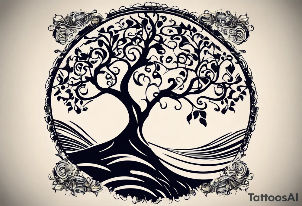 an abstract Tree of Life tattoo. It should have roots growing out of the bottom. The roots slowly turn into water from the Great Wave by Hokusai. A golf flag should be placed discreetly growing out of the ground. 2 license plate tags should be hanging from the tree. Place a few music notes in the areas the leaves should be. The letters A U should be engraved into the tree trunk in a heart. tattoo idea