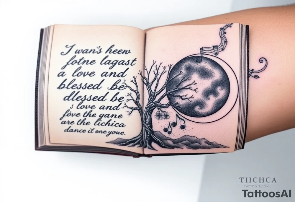I want an open book and scripted on the left side of the pages and love and light blessed be on the right side of the pages the name tichica with the tree of life growing through the pages music notes dancing around it a crescent moon on the right side with a starry night background and dark clouds tattoo idea