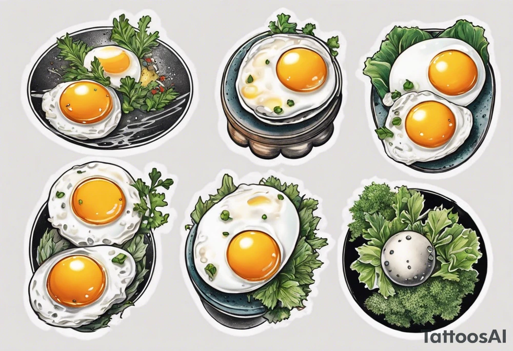 A round, thin 5 fried eggs with salt pepper and a bit greens tattoo idea