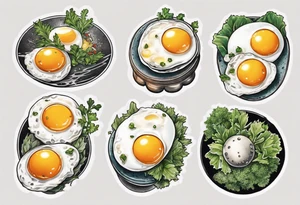 A round, thin 5 fried eggs with salt pepper and a bit greens tattoo idea