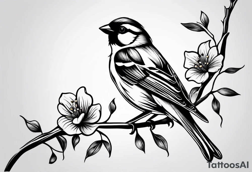 Create a delicate tattoo of a sparrow perched on a branch, featuring soft details and subtle shading for a gentle look tattoo idea