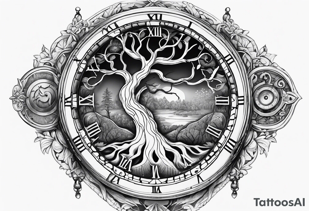 Yggdrasil with an old watch face. Half the watch face is broken. tattoo idea