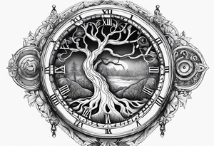 Yggdrasil with an old watch face. Half the watch face is broken. tattoo idea