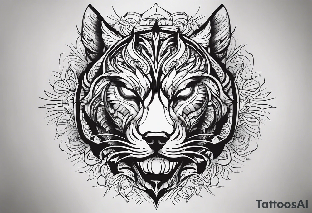 A tattoo for the knee featuring the face of a mythological creature, with fierce, exaggerated features like sharp fangs, intense eyes, and a wild expression. From its eyes, beams of light or energy radiate outward in a dynamic pattern. The design should feel bold and powerful, flowing naturally with the shape of the knee. tattoo idea