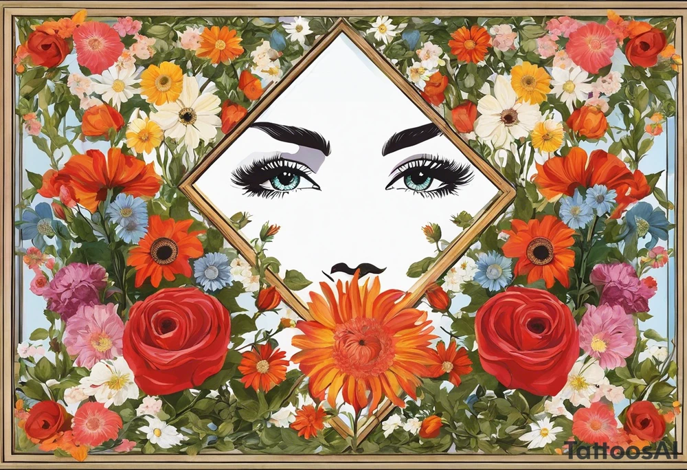 My idea is roughly a square mirror, surrounded by flowers. In the mirror, near the upper right corner, there is an eye (with a passionate, fiery feeling). The flowers are positioned in the upper left corner and the lower right corner. The floral arrangement would have leaves under the flowers, with a rose in the upper left and a daisy in the lower right. I'll add more details around the eye. I want the face to be very blurred, almost invisible, with only the eye being particularly clear, as if the entire face is backlit but the eye remains sharply in focus. Overall, I want to create the feeling that I am looking at this mirror. tattoo idea