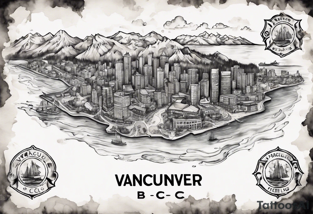 A map of vancouver B.C with a with water staining where the firehalls are tattoo idea