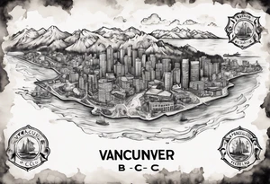 A map of vancouver B.C with a with water staining where the firehalls are tattoo idea