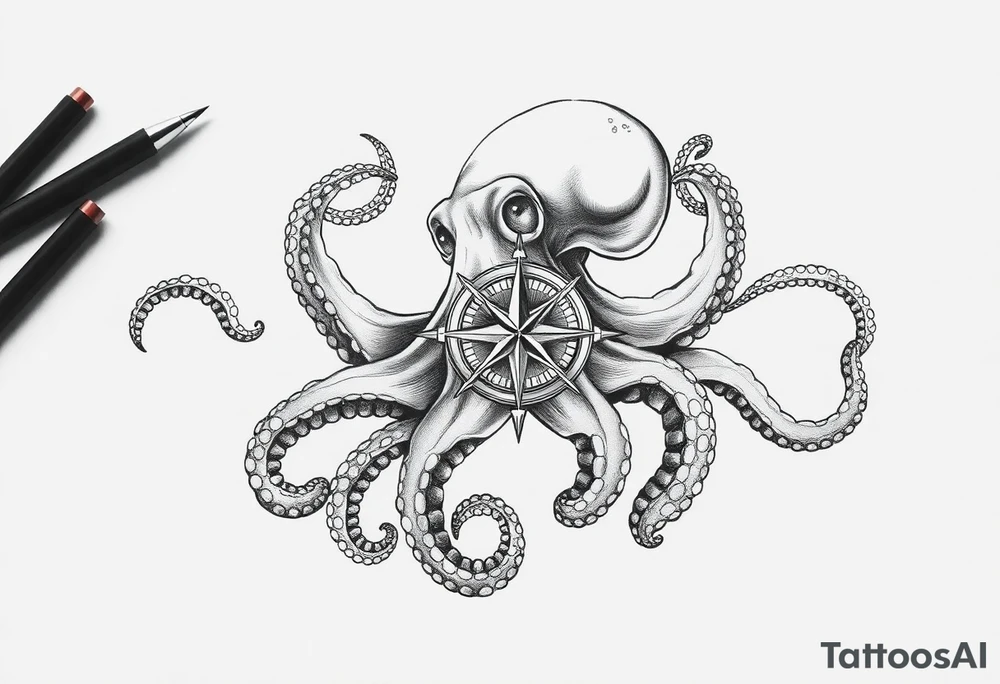 hammerhai,darunter ein kompass,oktopus. tattoo idea
