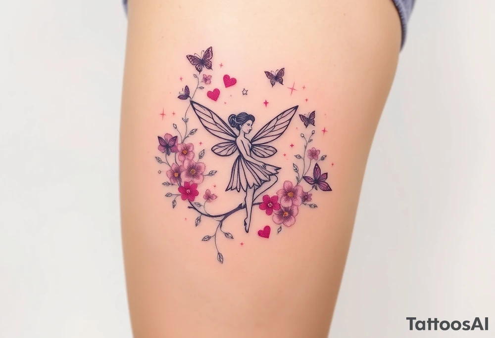 Whimsical fairy surround by pink and purple flowers and butterflies and sparkles tattoo idea