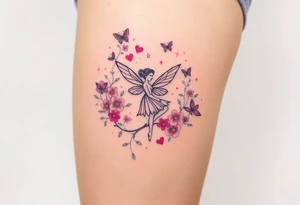 Whimsical fairy surround by pink and purple flowers and butterflies and sparkles tattoo idea