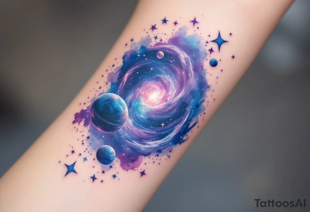 A galaxy scene with stars and planets swirling in deep blue and violet, evoking cosmic freedom. tattoo idea