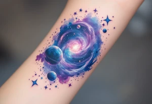 A galaxy scene with stars and planets swirling in deep blue and violet, evoking cosmic freedom. tattoo idea