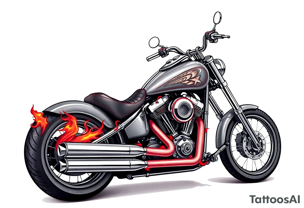 Low rider grey motorcycle, big muffler pipes with flames, angel wings tattoo idea
