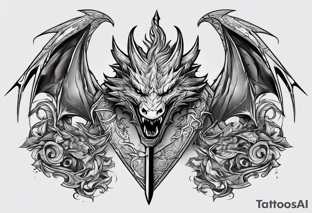 Valhalla word sword shield dragon axe tattoo idea