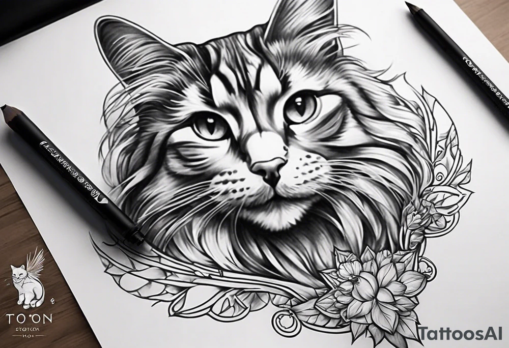make a sketch that will cover the tattoo in the photo. place the sketch of the cat in the second photo on the previous photo on top of the tattoo to cover the lines, add wings to the cat - large, black, beautiful, chic and three tails with points - all these elements should cover all the lines of the tattoo on the shoulder. tattoo idea