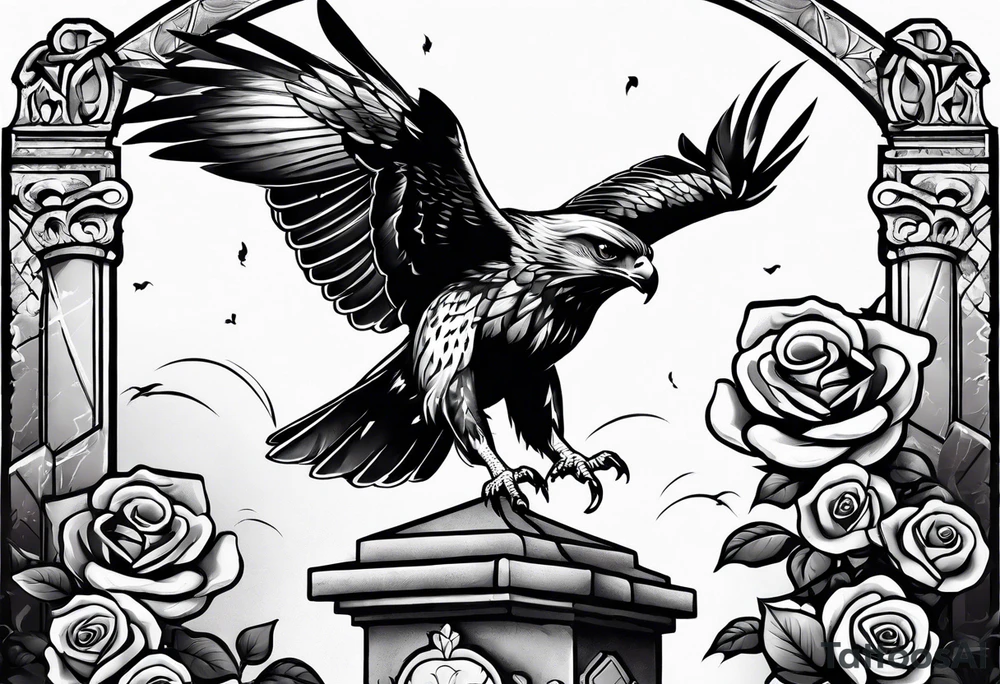 Hawk with rose in mouth flying down on a tombstone tattoo idea Hawk with rose in mouth flying down on a tombstone tattoo idea