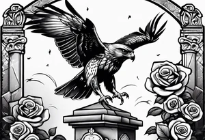 Hawk with rose in mouth flying down on a tombstone tattoo idea