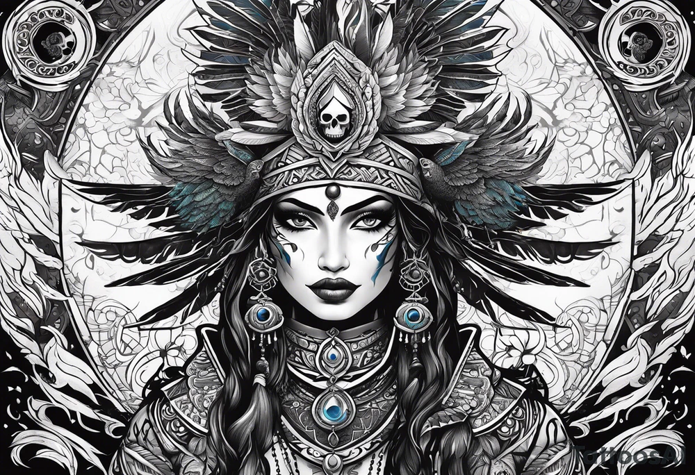 kali, goddess pirate, pachamama, valkrye, warrior, skull, lotus azul, wing, eagle, zenza resonance, stars tattoo idea