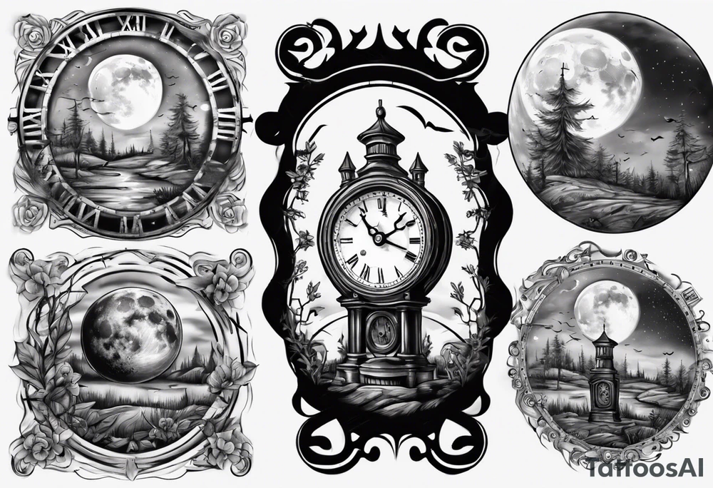 A moon with a face of a old stile clock outdoors tattoo idea