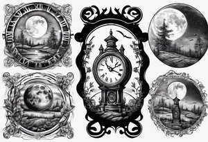 A moon with a face of a old stile clock outdoors tattoo idea