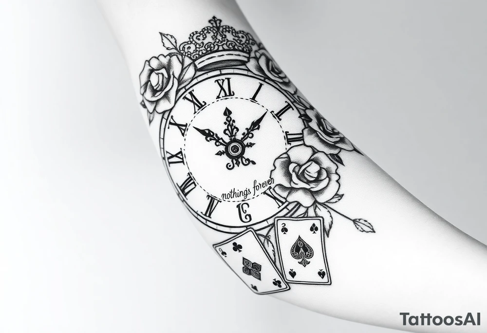 Roman clock with roses and a crown,  a quote that says nothings forever. and on the bottom a deck of cards tattoo idea