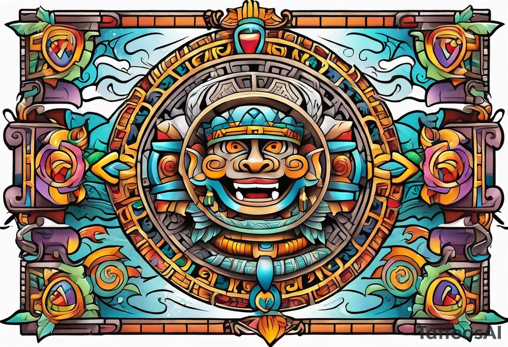 Colorful Mayan hieroglyph with bats and water tattoo idea