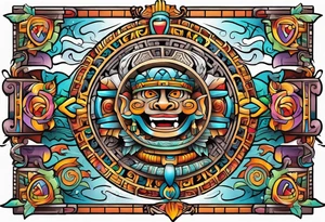 Colorful Mayan hieroglyph with bats and water tattoo idea
