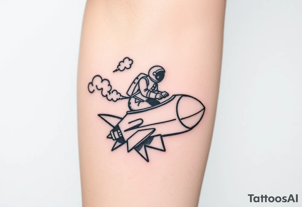 Busted Rocket ship with smoke coming out the back with astronaut riding it tattoo idea