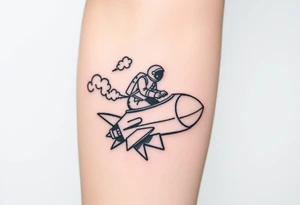 Busted Rocket ship with smoke coming out the back with astronaut riding it tattoo idea