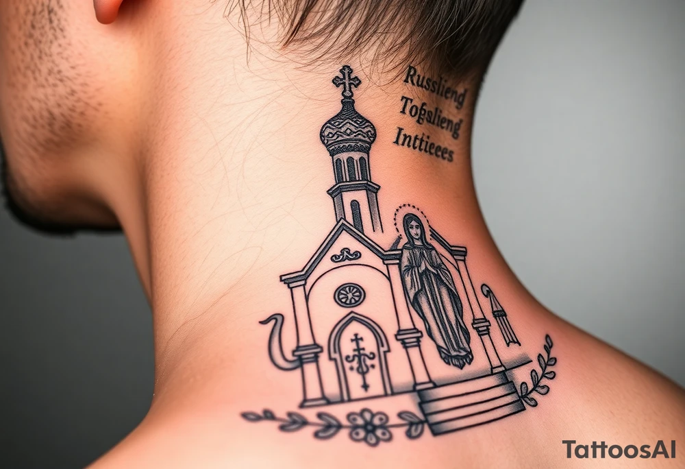 medium traditional russian orthodox church with a russian coat arms and virgin mary tattoo idea
