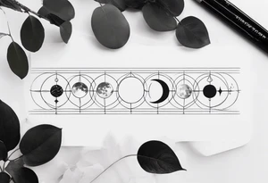 Strip of Moon phases in horizontal line, crystal, floral tattoo idea